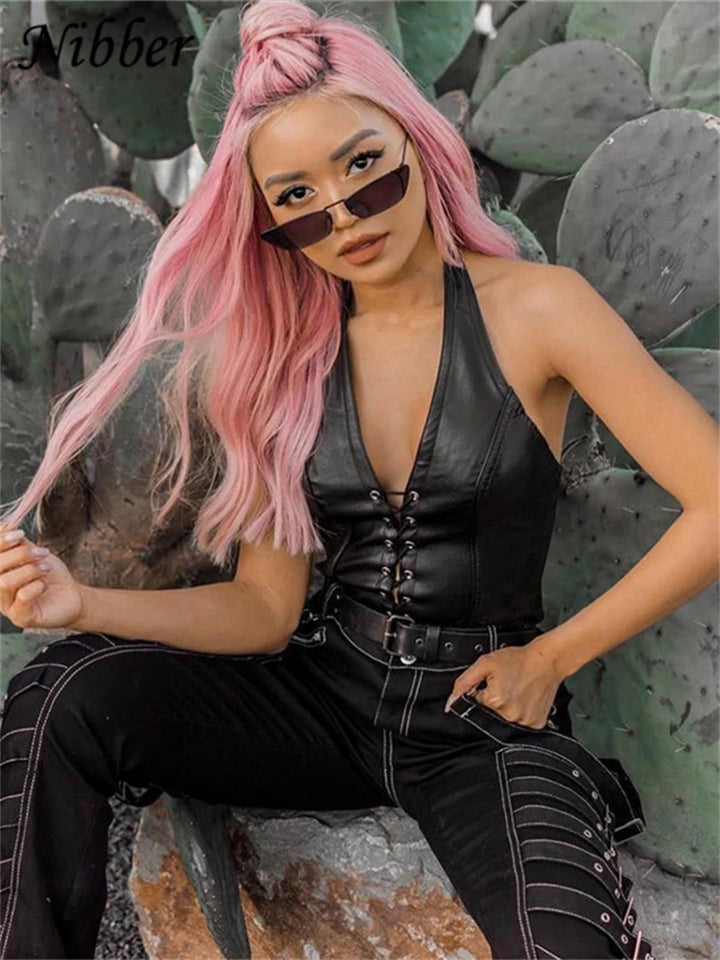 Sexy Punk Black Leather Crop Top