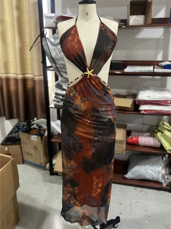 Print regular Hollow Pearl  Patchwork  Dress