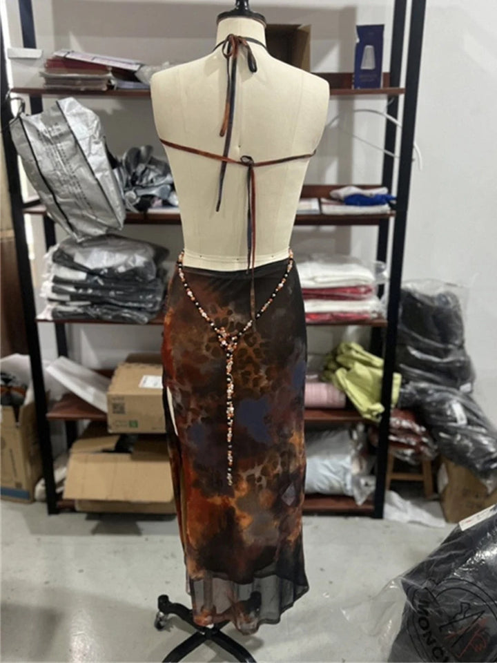 Print regular Hollow Pearl  Patchwork  Dress